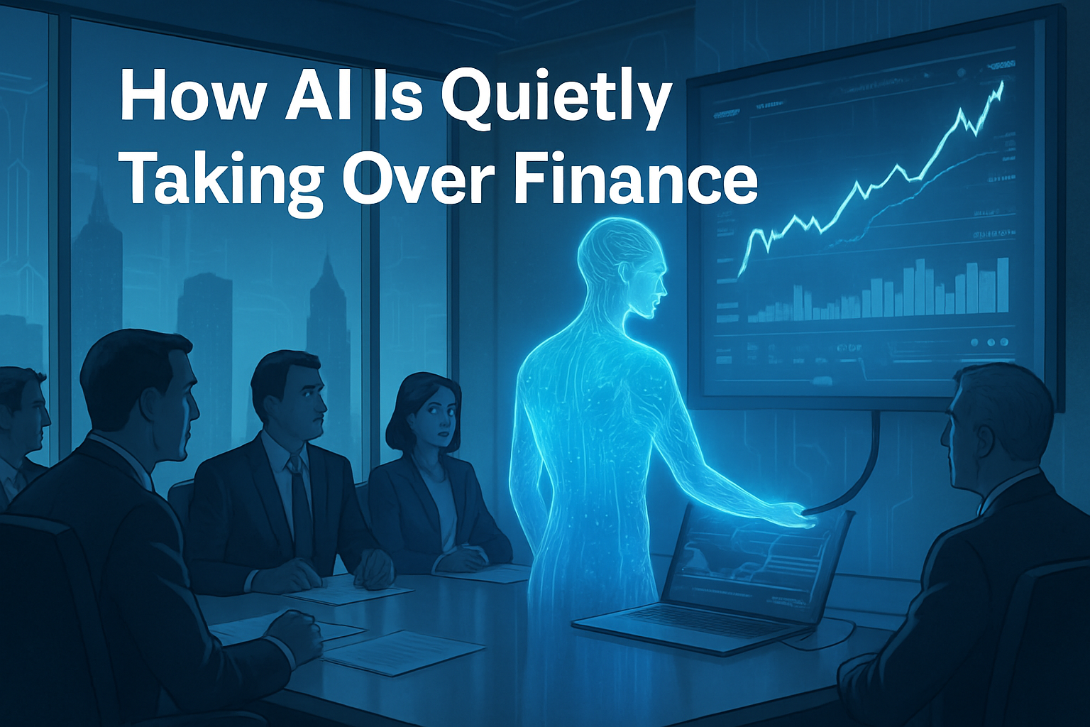 Futuristic image of live metaphysical humanoid represantation of ai in the boardroom